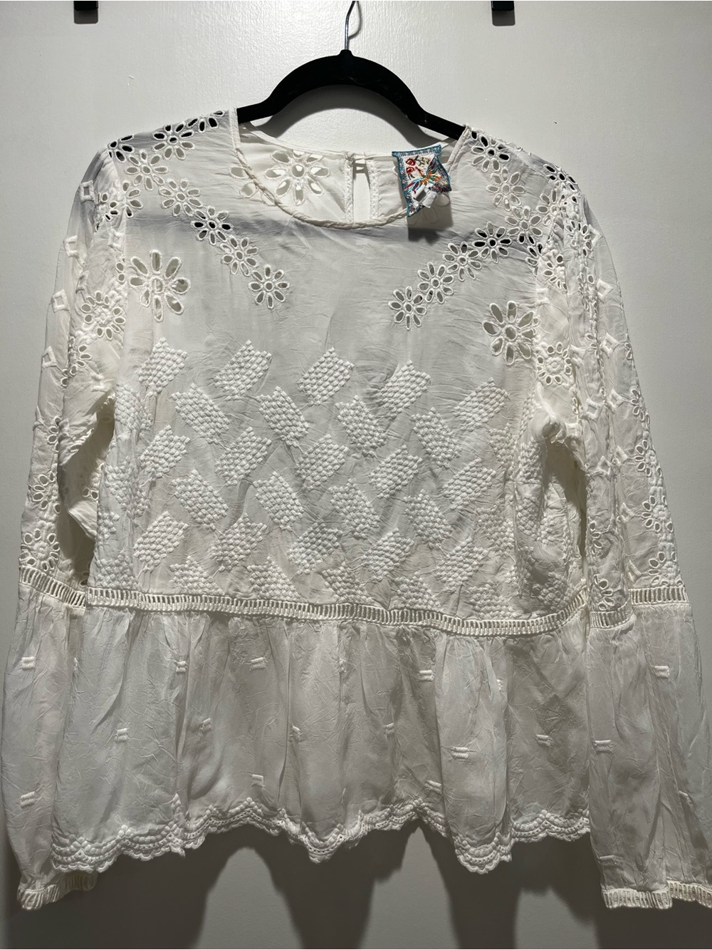Johnny Was White Eyelet Embroidered Peplum Blouse